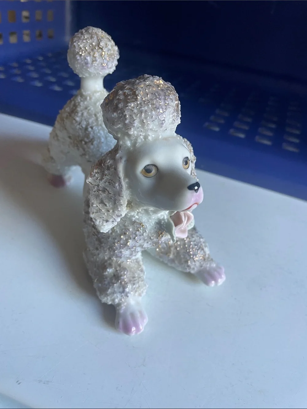 Source Unknown White Poodle Figurine with Pink Accents and Gold Glitter